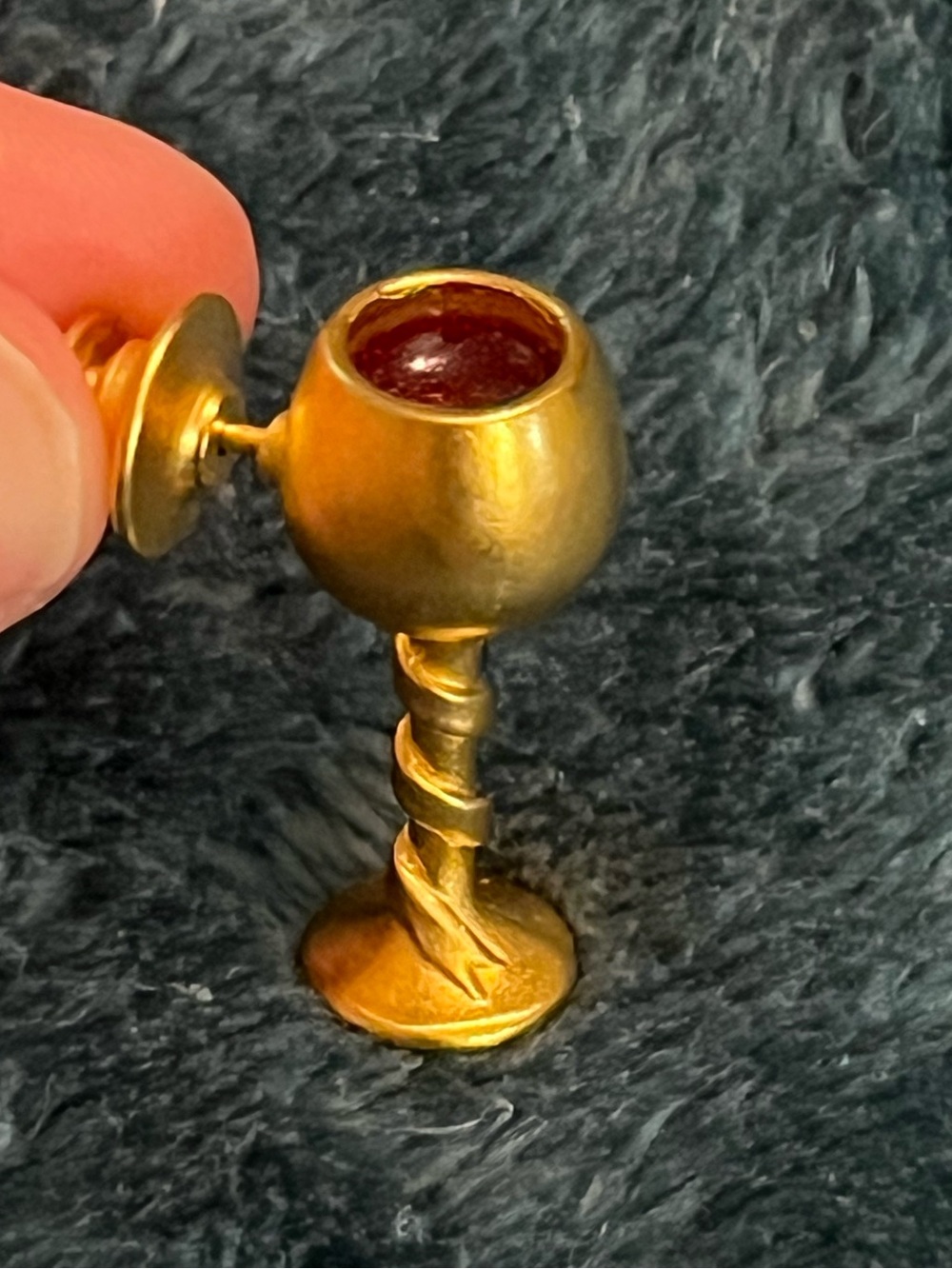 Signed Karl Lagerfeld Gold-tone Wine Chalice Tack Pin with Red Enamel “Wine”